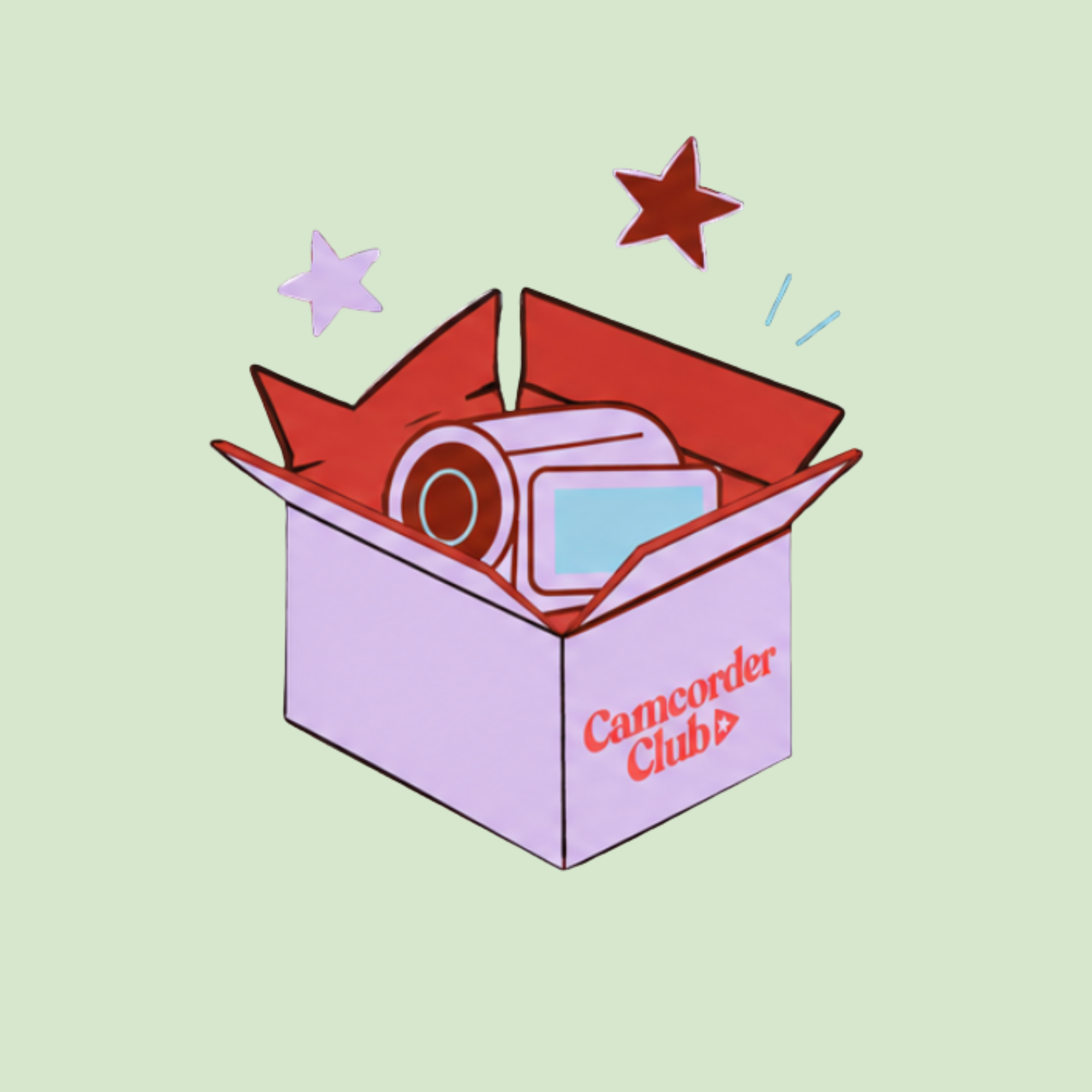 A pink and purple paper craft box with the words "Camcorder Club" printed on the side, with star-shaped decorations floating above it, set against a light green background.