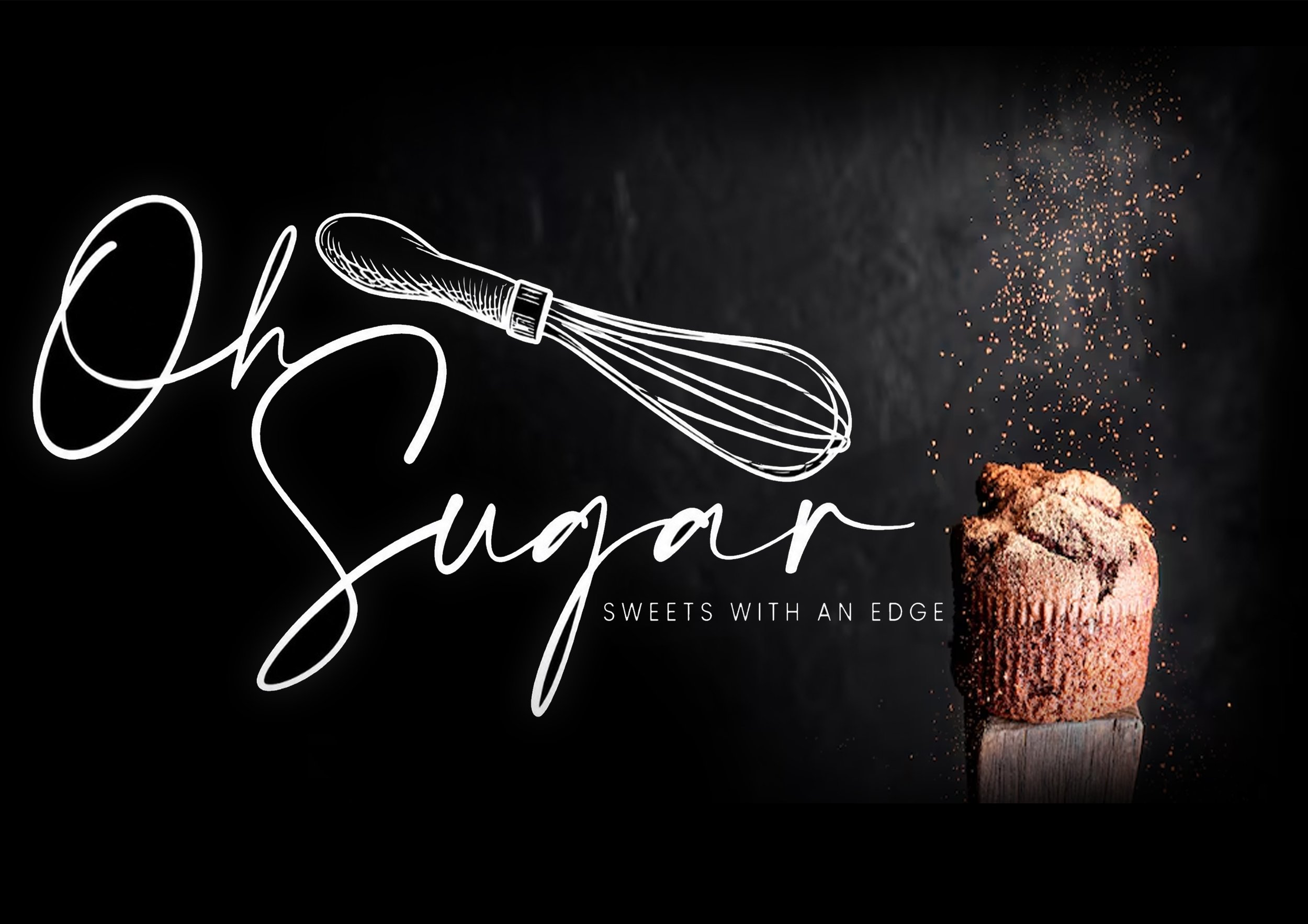 A dark background with white cursive text that reads 'Oh so good'. An illustration of a whisk is integrated into the text. To the right, there is a cupcake with pink frosting and sprinkles, placed on a wooden surface.