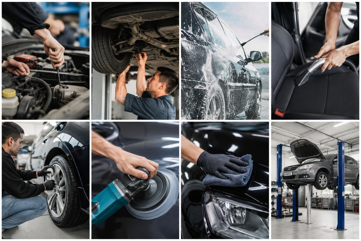 Series of images showing car maintenance and cleaning activities. First image: Mechanic working on an engine. Second: Mechanic inspecting or repairing a car's underside. Third: Car being washed with soap and water. Fourth: Person vacuuming the interior of a car. Fifth: Technician working on a car wheel. Sixth: Hand polishing a car's surface with a polishing machine. Seventh: Person cleaning a car headlight with a cloth. Eighth: Car on a hydraulic lift inside an auto repair shop.