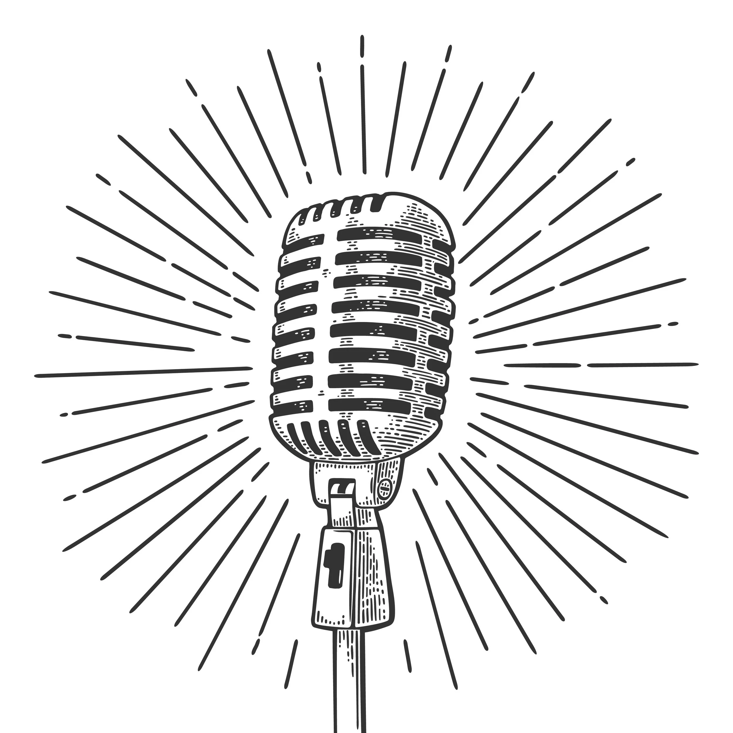 Black and white illustration of a microphone surrounded by radiating lines, giving a dynamic, energetic appearance.