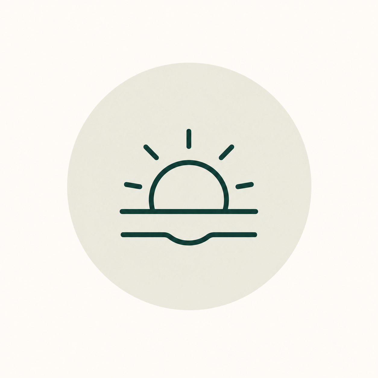 Minimalist icon of a sunset over water, with the sun partially below the horizon and rays extending outward.