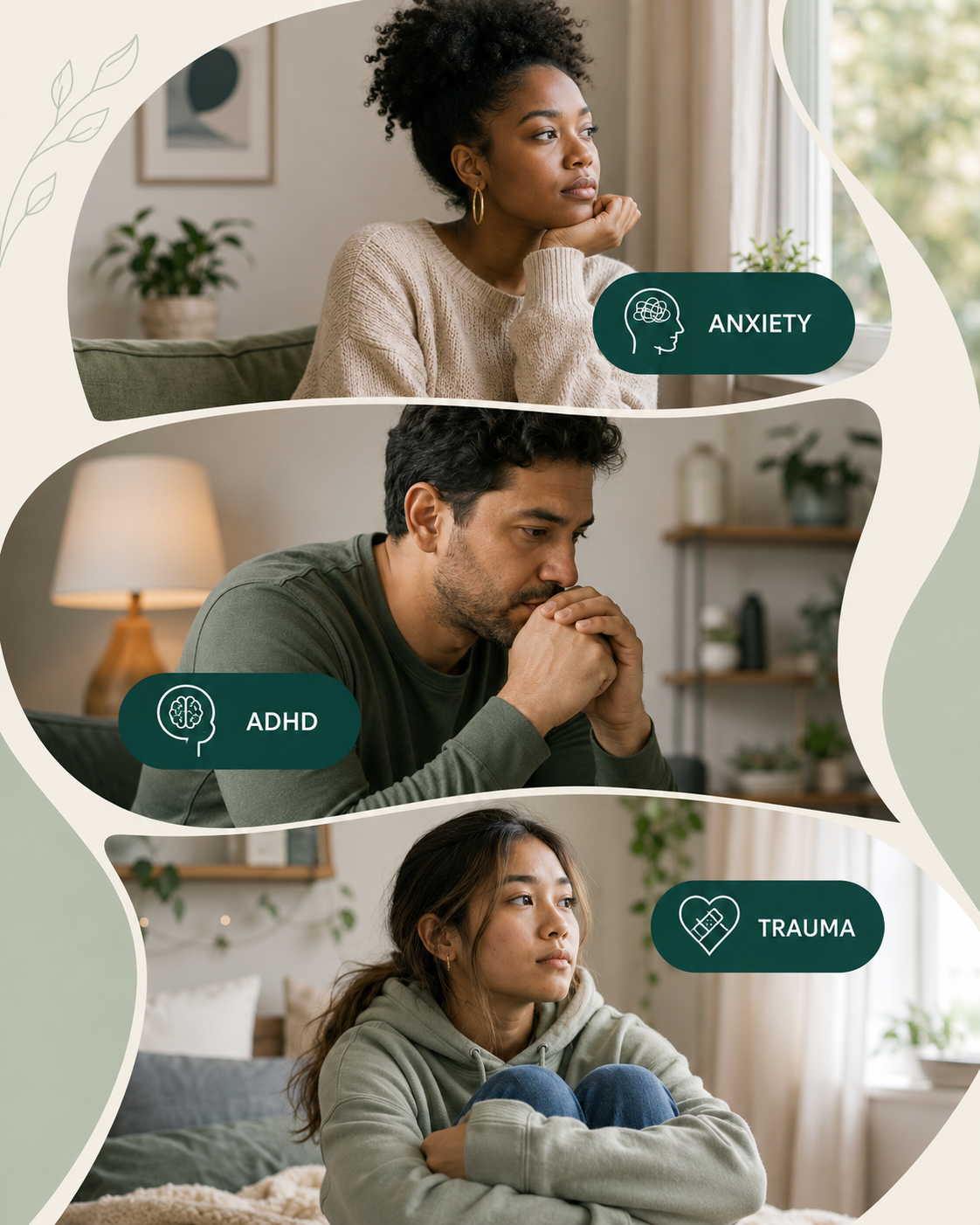 Three people experiencing mental health issues: a woman with anxiety, a man with ADHD, and a girl with trauma, each sitting pensively in home settings.