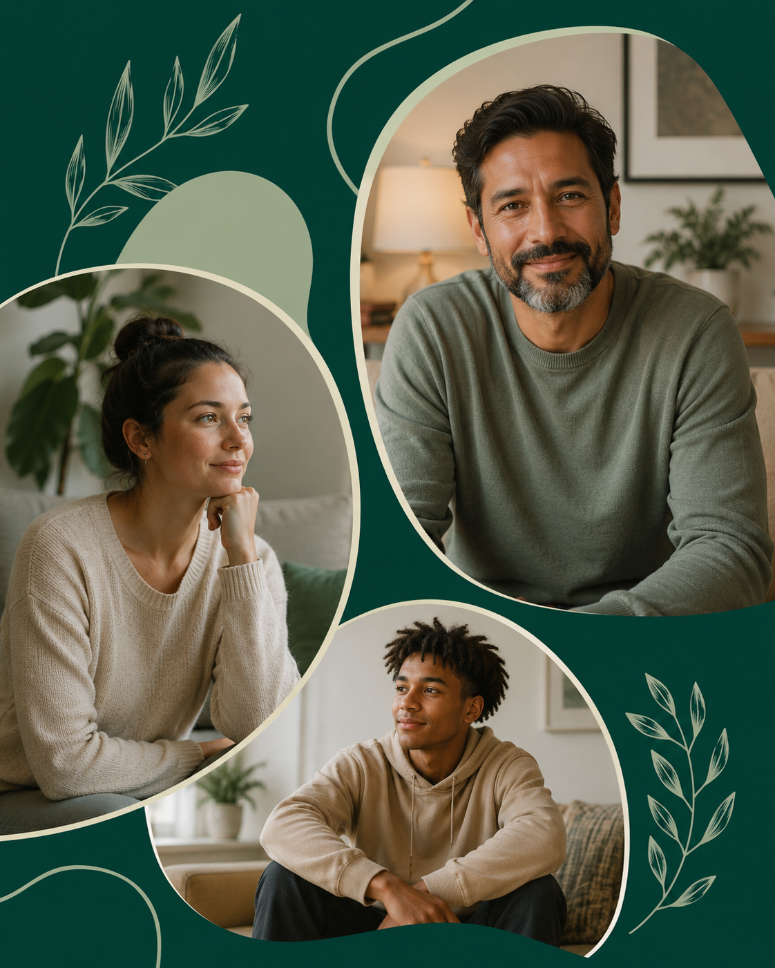 Collage of three people smiling and looking thoughtful, framed by abstract green shapes and leaf illustrations.