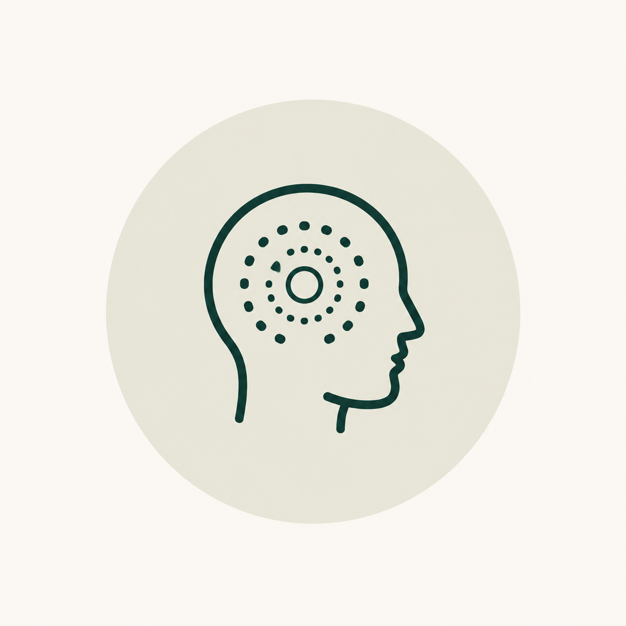 Minimalist icon of a human head profile with a spiral pattern inside representing brain or mind.