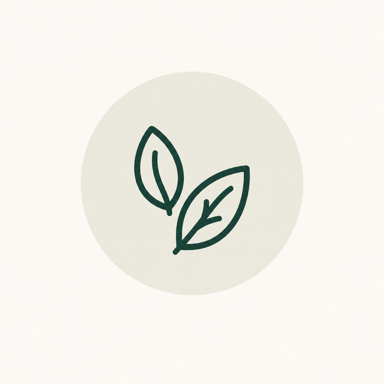 Line drawing of two leaves inside a light grey circle on a white background.