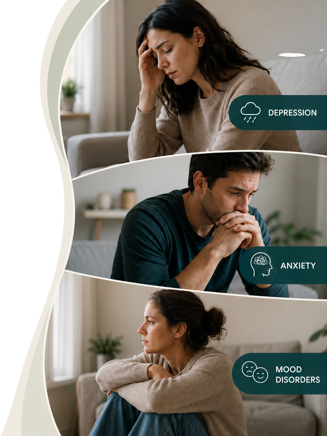 Three people showing emotional distress: top woman holding head, labeled depression; middle man with hands clasped, labeled anxiety; bottom woman sitting and gazing away, labeled mood disorders.