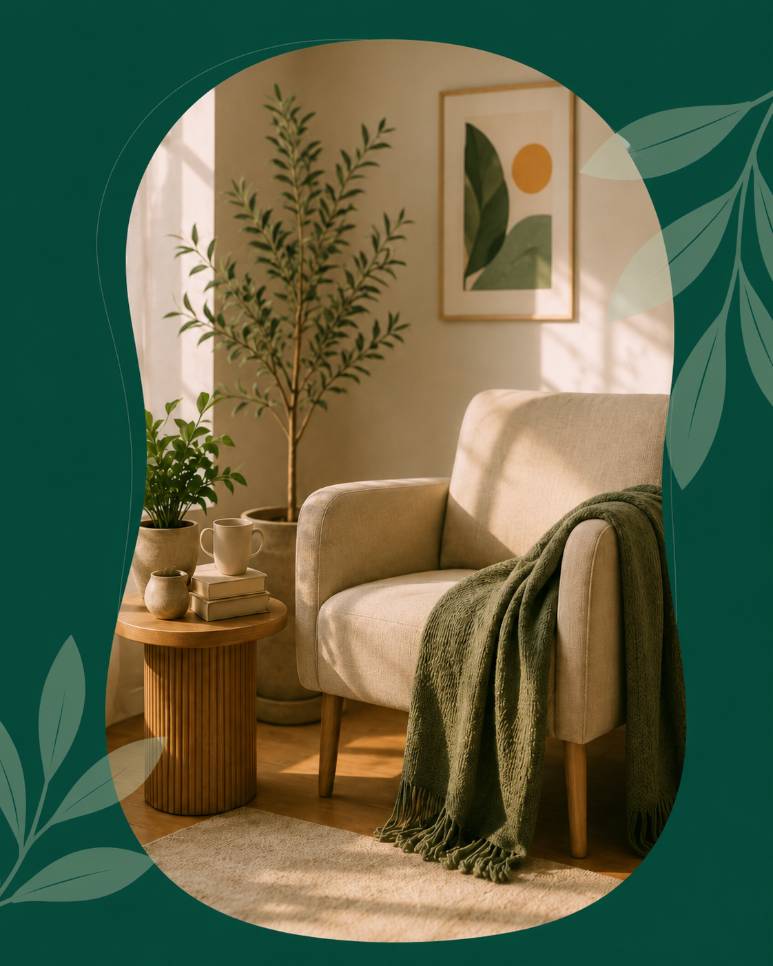 Living room corner with beige armchair, green throw blanket, wooden side table with plants, cups, and books, large potted plant, and framed abstract art with leaves and a yellow circle on the wall. Warm sunlight streams in.