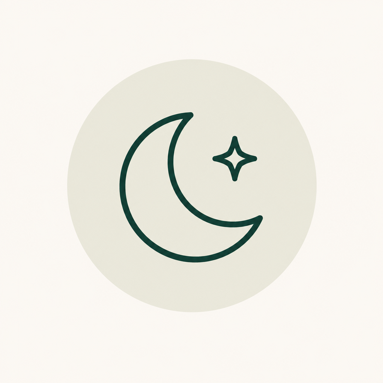 A minimalist icon of a crescent moon and a star inside a light-colored circle on a plain background.