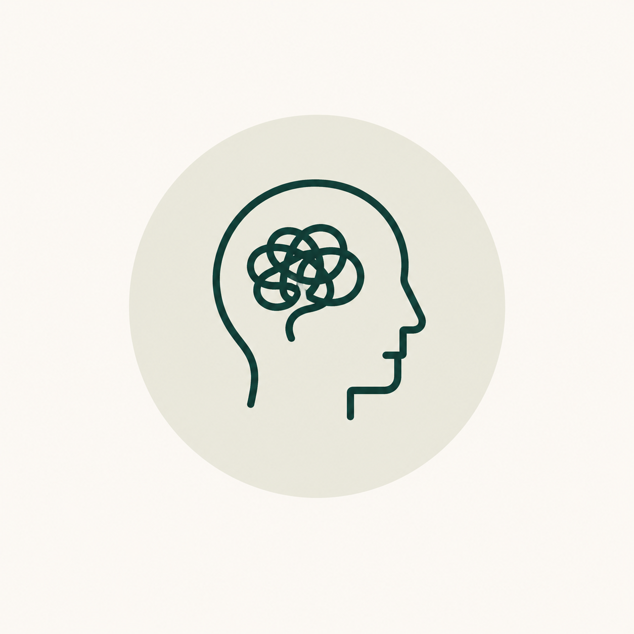 Line drawing of a human head with a tangled line inside representing a brain, on a light background.