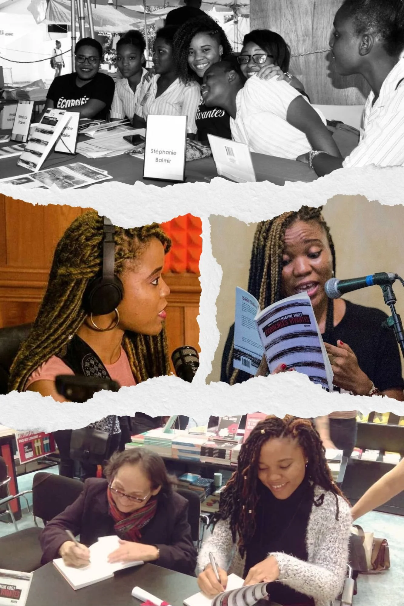 Martine Fidèle lors de ses interventions publiques, entre salons du livre, séances de dédicaces et événements littéraires en Haïti et au Québec.