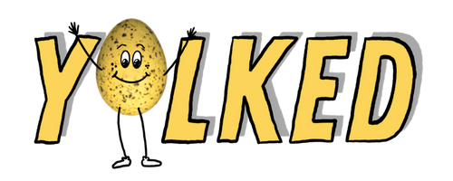 The word 'YOLKED' in large yellow text with a smiling cartoon egg character standing in front of the letters.