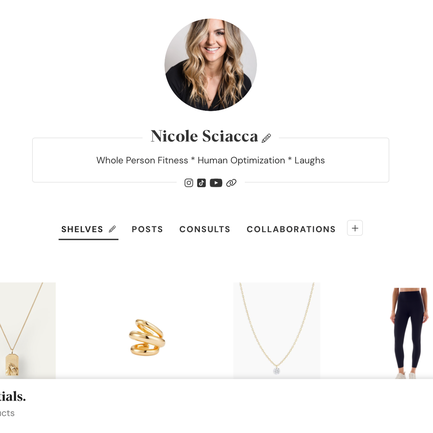 Instagram profile page of Nicole Sciacca with a profile picture of a smiling woman with blonde hair, bio mentioning fitness and humor, with navigation tabs and jewelry images.
