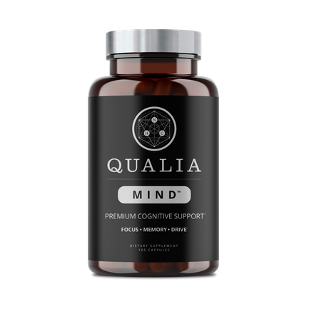 Bottle of Qualia Mind dietary supplement for cognitive support with black label and silver cap