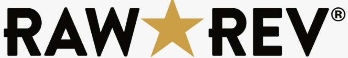 Logo with the word 'RAW REV' in black capital letters, a gold star replacing the letter 'A' in 'RAW'.