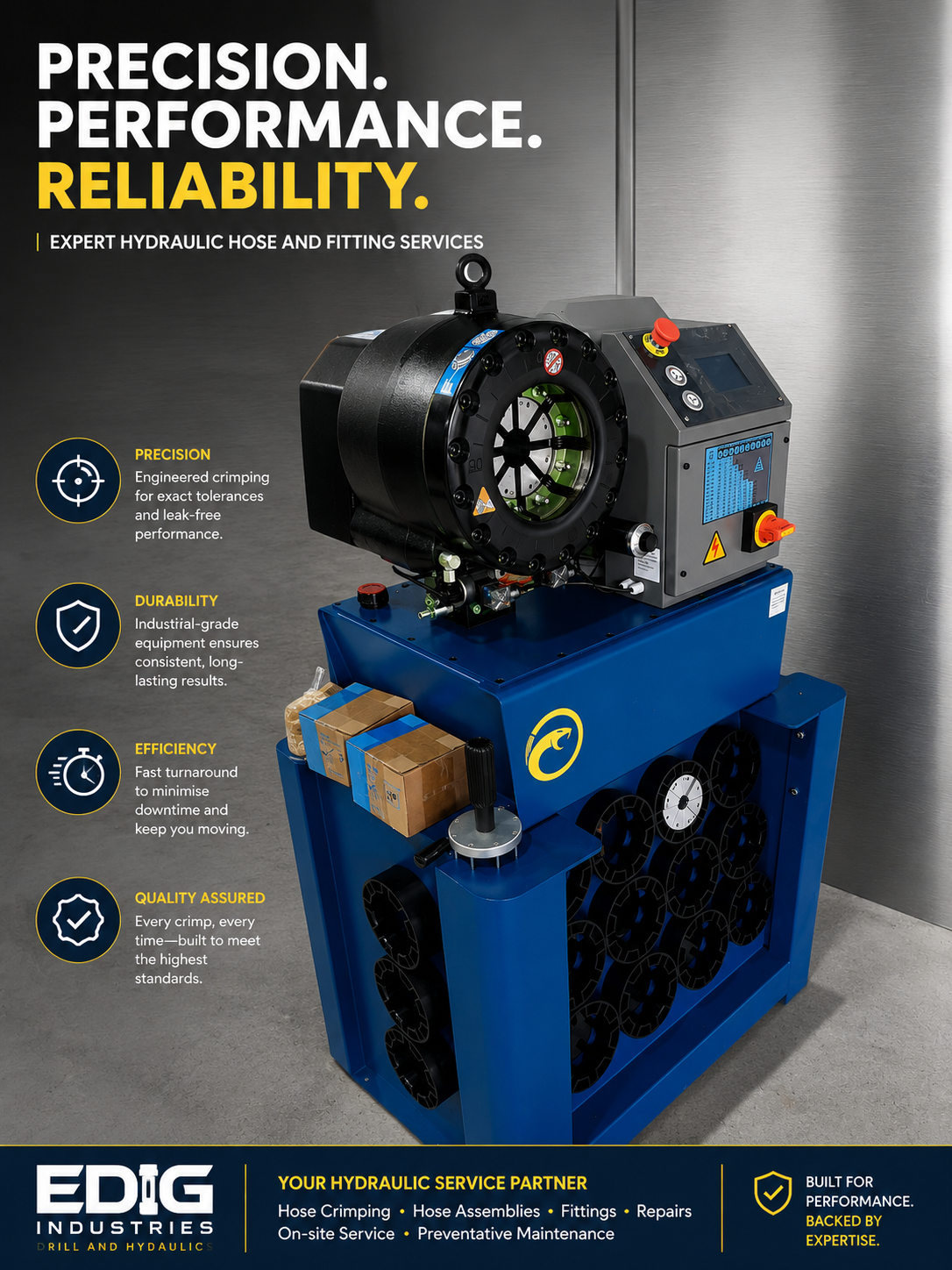 A hydraulic crimping machine used for hose fittings, with a digital control panel and a blue base, surrounded by technical descriptions highlighting precision, durability, efficiency, and quality assurance, for industrial hydraulic services.