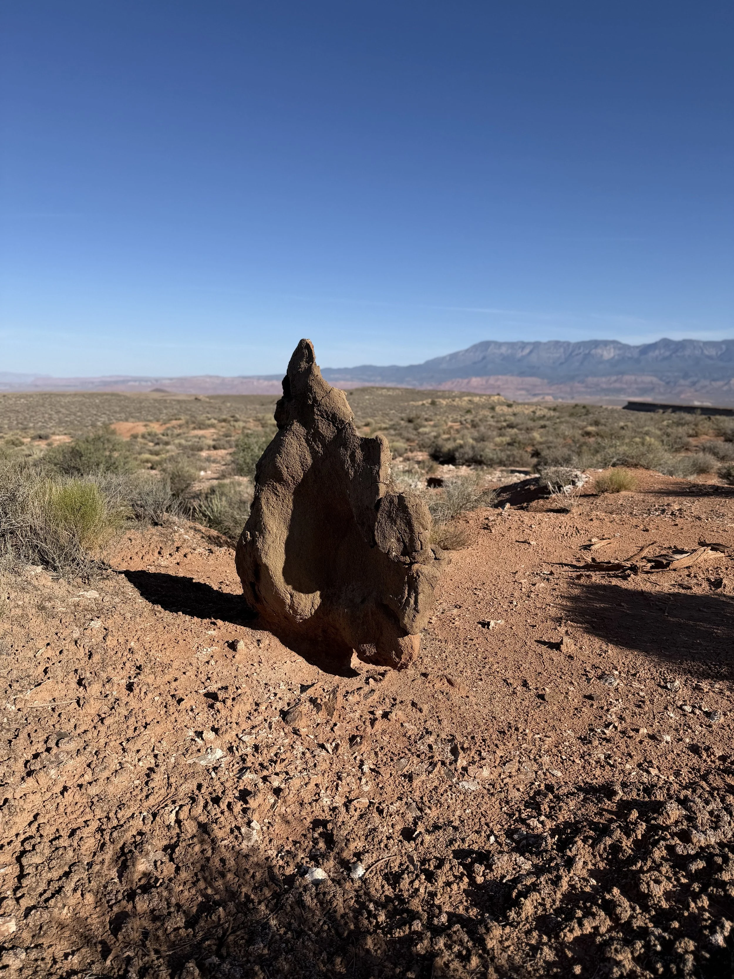 A desert landscape with a large rock formation in the foreground, sparse vegetation, distant mountains under a clear blue sky.