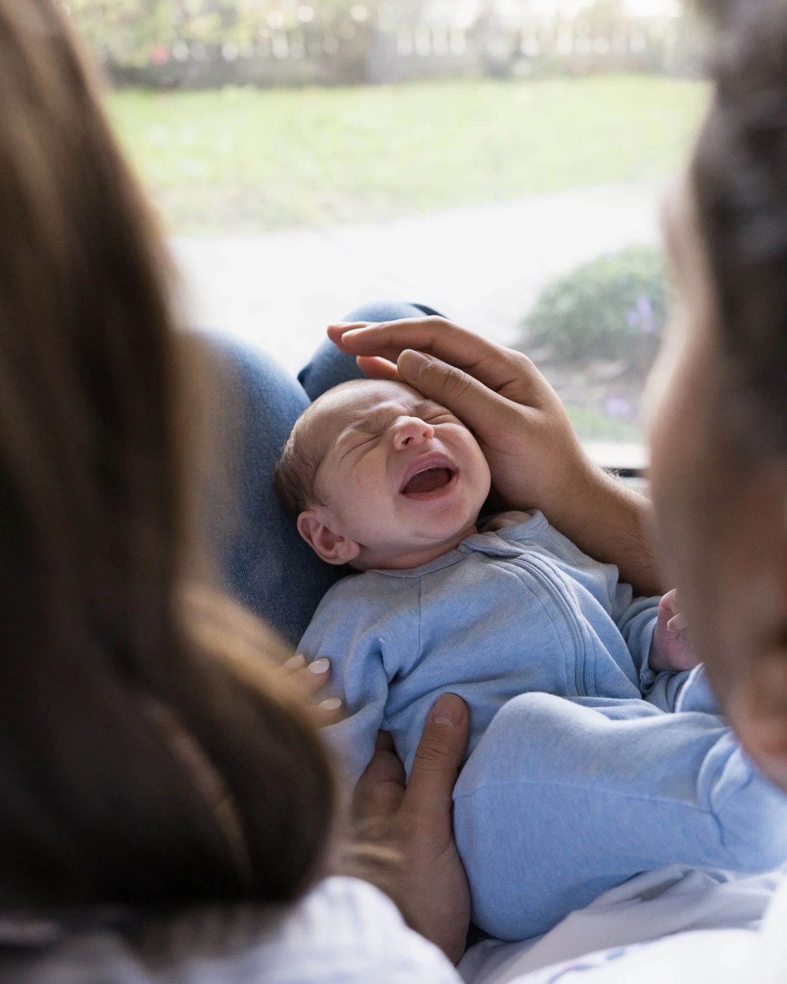 A newborn baby crying while being gently comforted in a parent's arms during an in-home newborn photography session in Bentleigh, Melbourne.