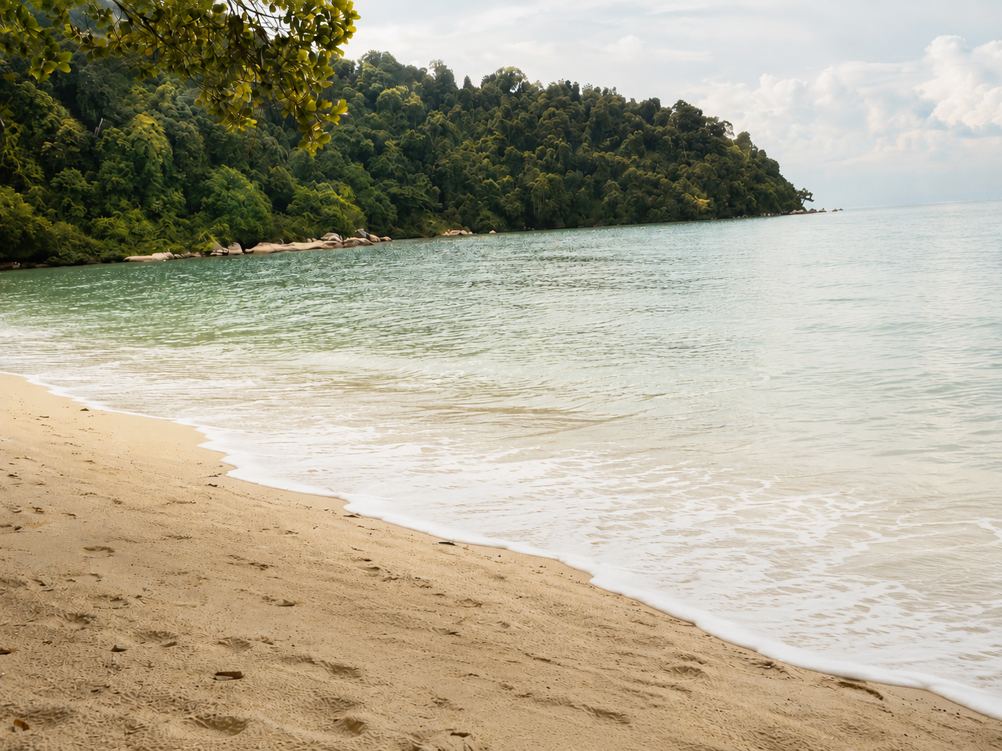 Peaceful shoreline with calm water, symbolizing mindfulness and learning to relate differently to thoughts and emotions.