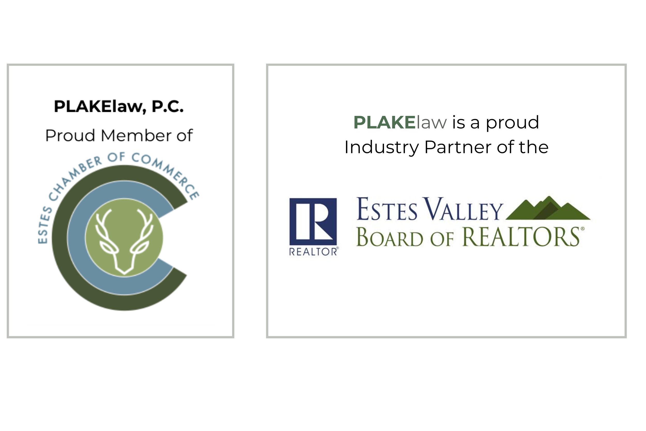Image with logos and text for PLAKE law, Estes Valley Board of REALTORS, and Estes Chamber of Commerce.