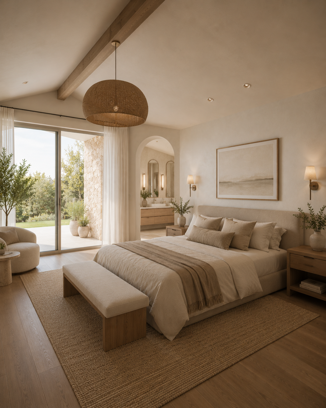 A cozy, modern bedroom with neutral colors, a large bed, bench, and artwork, with sliding glass doors leading to a patio with potted plants