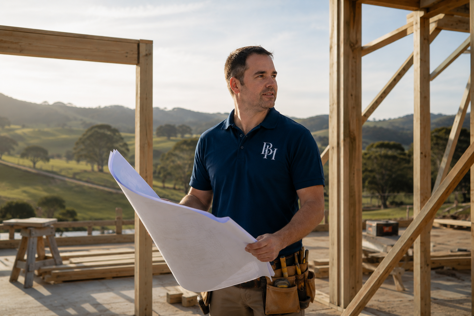 A construction worker holding blueprints on a partially built wooden structure with rolling hills and trees in the background.