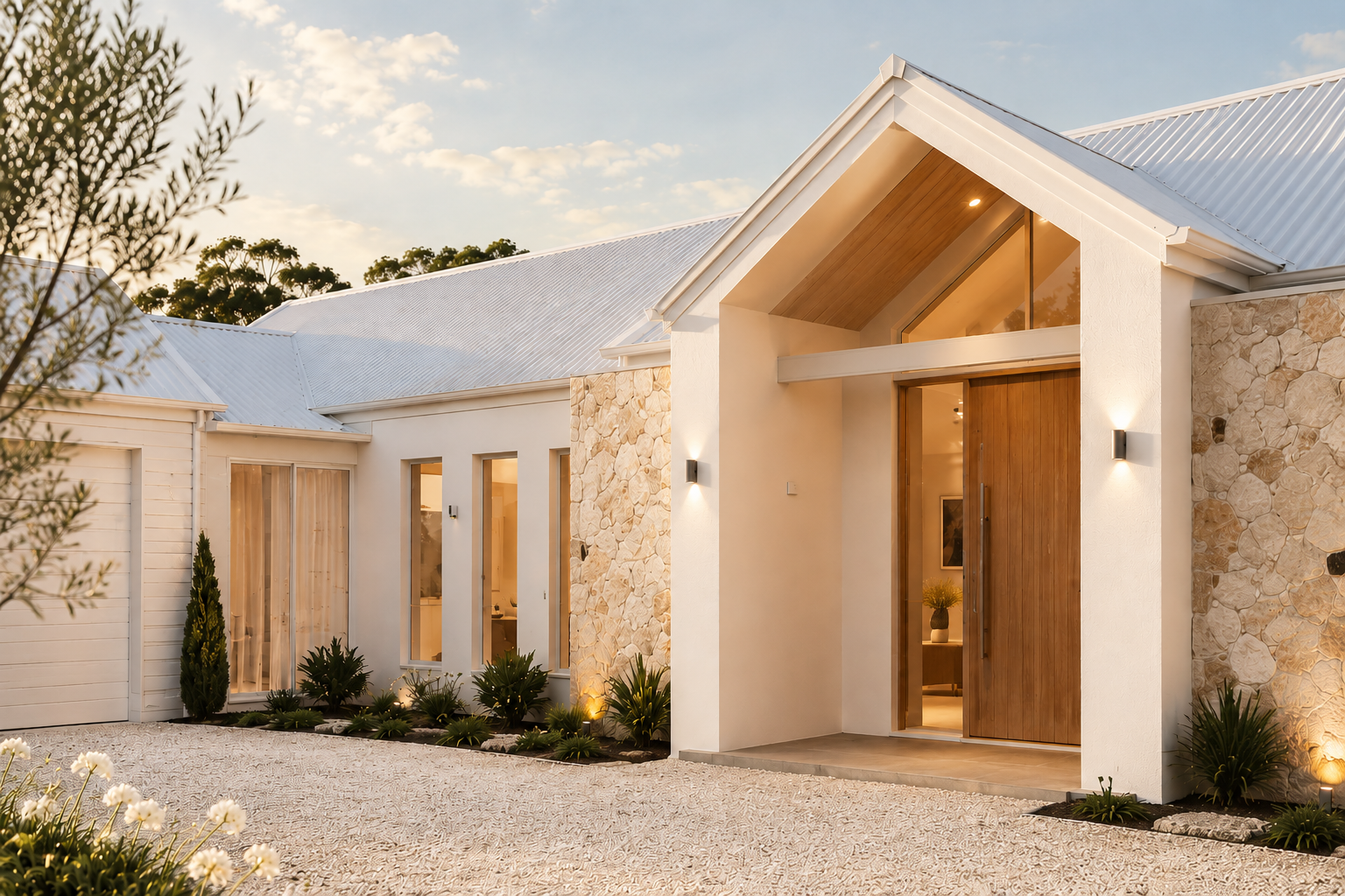 Modern house with stone accents, large windows, and a wooden door, surrounded by landscaped garden and outdoor lighting at dusk.