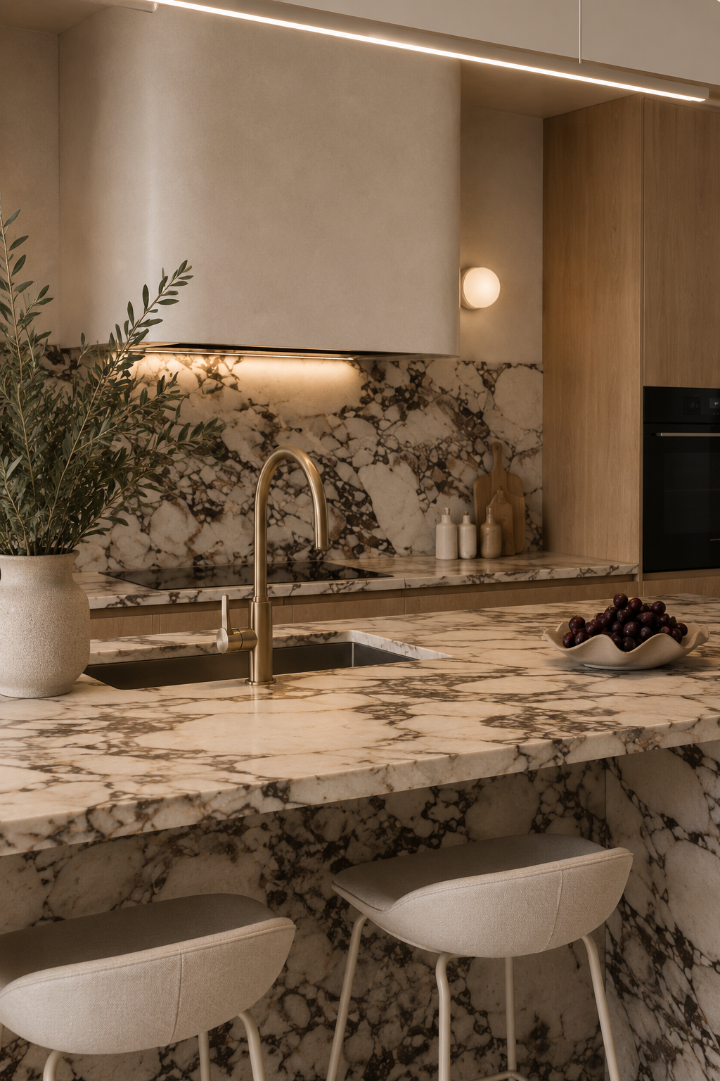 A modern kitchen with marble countertops and backsplash, a brass faucet, a beige bar stool, a potted plant, a bowl of grapes, and minimal decor.