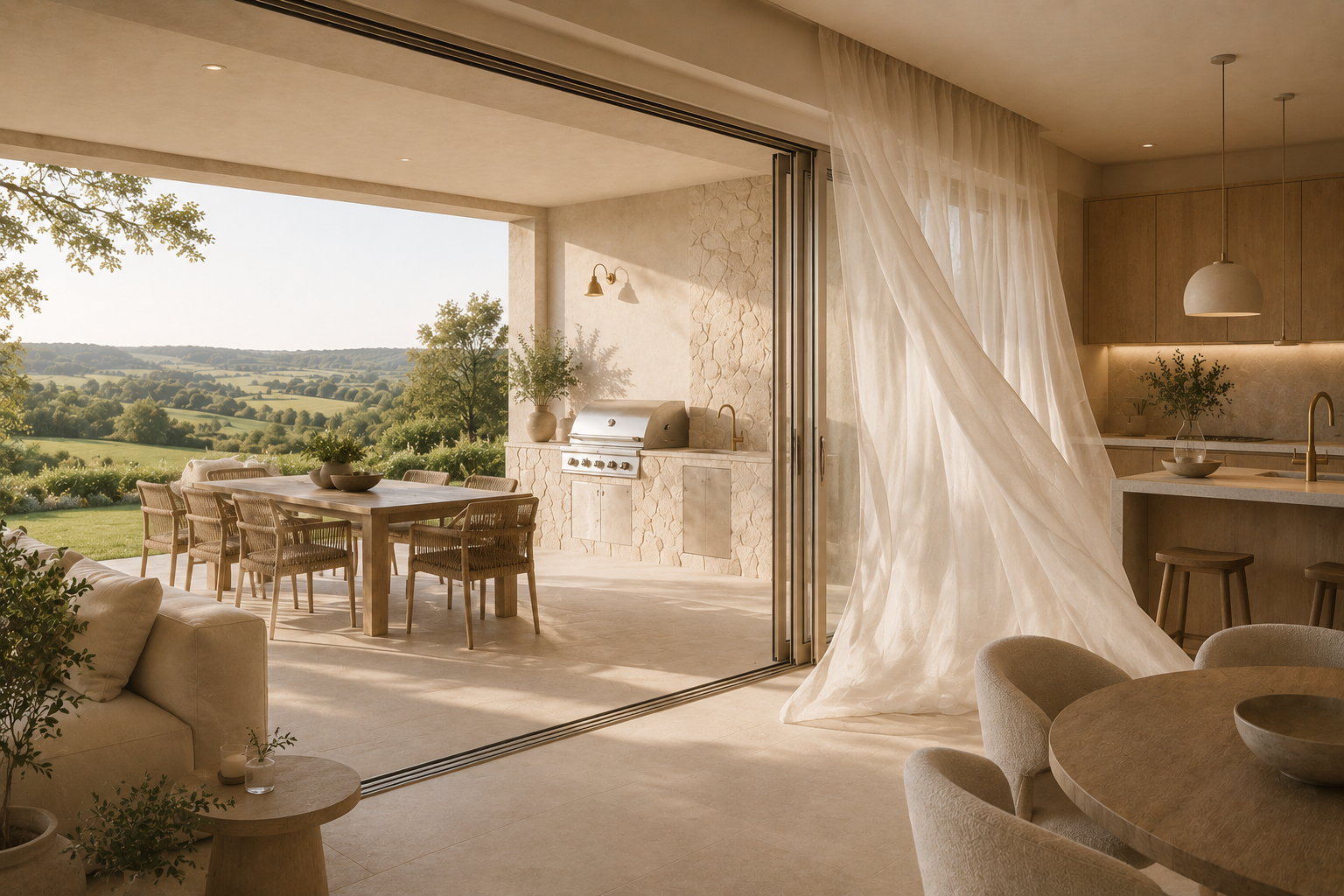 Indoor-outdoor living space with a large open sliding door, beige curtains, a kitchen area with wooden cabinets, a dining table with chairs, a patio with a grill and outdoor dining set, and scenic rolling hills view.