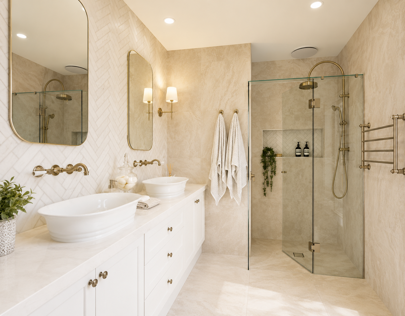 A modern bathroom with dual sinks, oval mirrors, wall-mounted sconces, a walk-in glass shower with a rain shower head, beige tiled walls, towels hanging on hooks, also decorated with plants and toiletries.