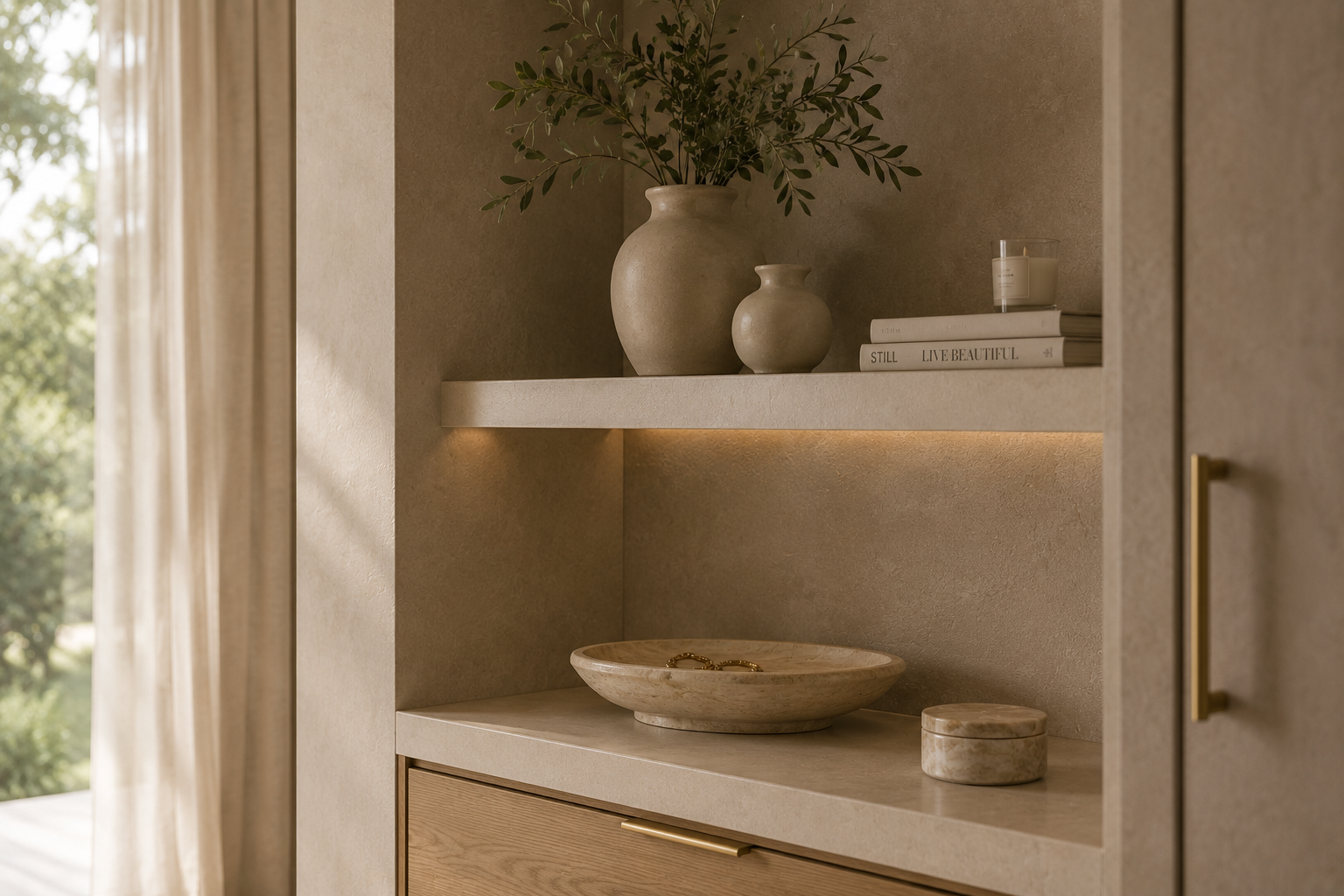 Decorative shelf with beige vases, books, candle, wooden tray, and a small round box, set against a beige wall with warm lighting.