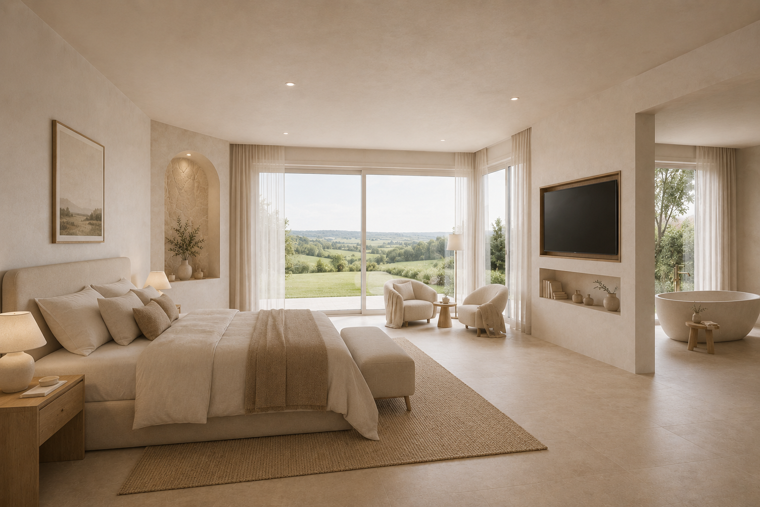 A spacious, modern bedroom with neutral tones and large windows showcasing a scenic countryside view. The room features a bed with multiple pillows, a nightstand with a lamp, two armchairs near the window, a flat-screen TV mounted on the wall, and an open view to a bathroom with a bathtub in the background.