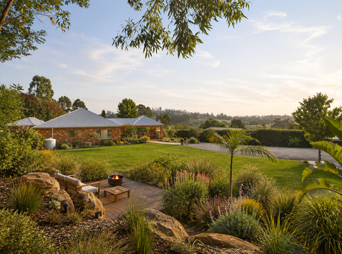 A backyard with a fire pit, wooden chairs, lush plants, a manicured lawn, and a brick house in the background under a partly cloudy sky.