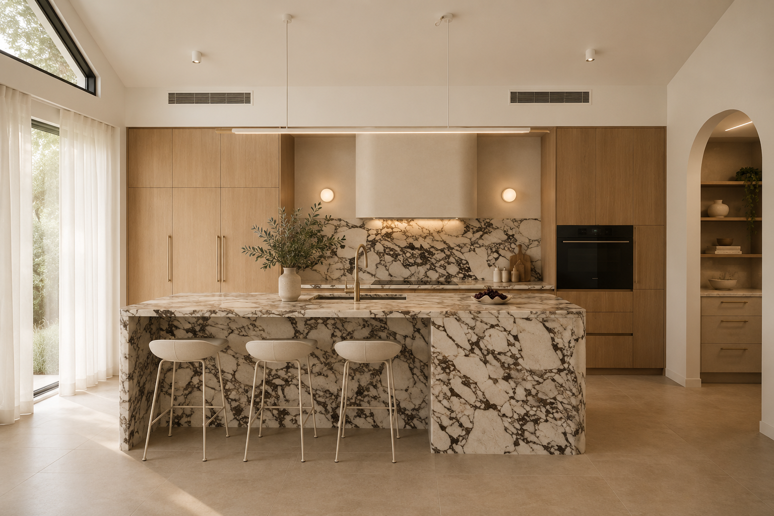 Modern kitchen with marble island, light wood cabinets, and built-in oven, illuminated by pendant and wall lights, with large windows and sliding glass door letting in natural light.