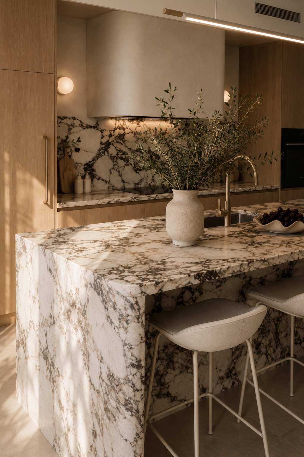 Modern kitchen with a marble island, wood cabinetry, a potted plant on the island, and baked counter with matching marble backsplash.