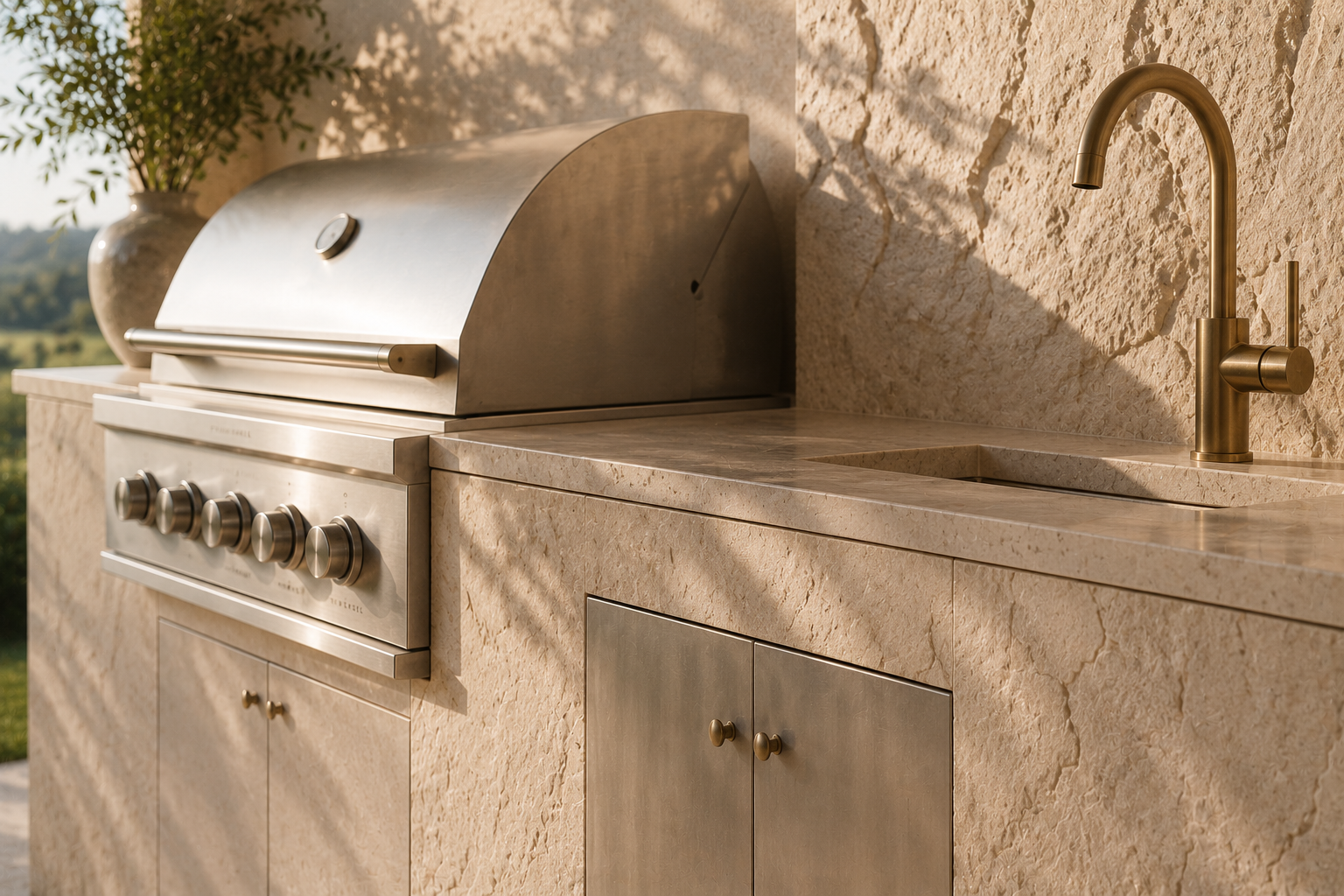 Outdoor kitchen with stainless steel grill and sink with a brass faucet, set against a textured beige stone wall and a small potted plant in the background.