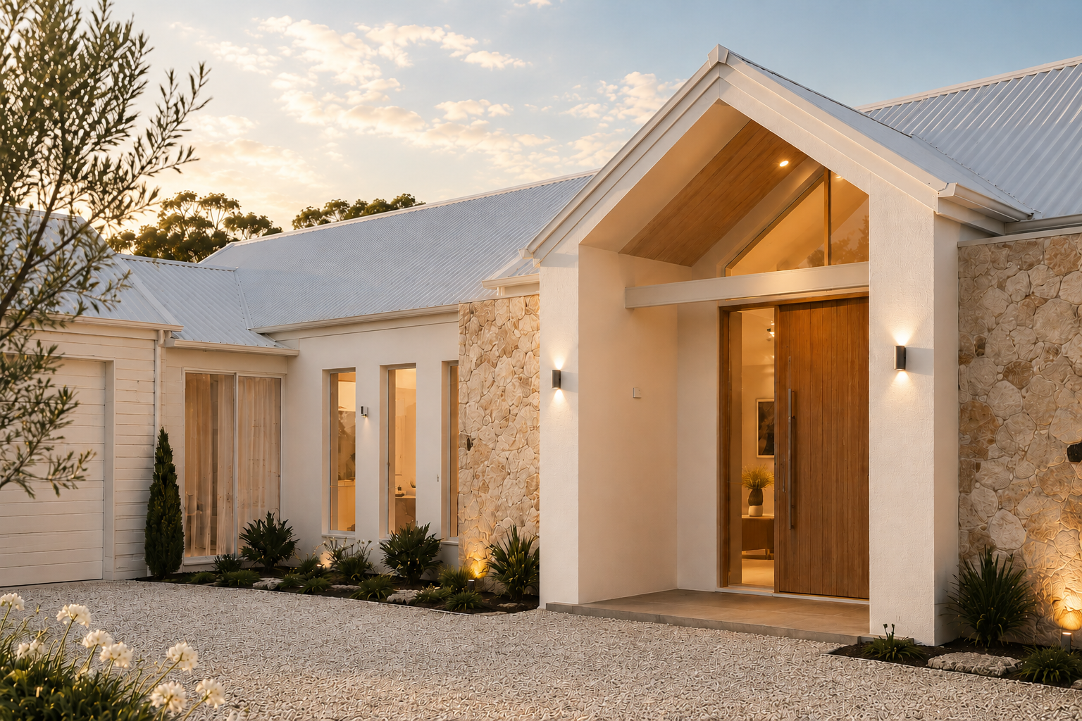 Modern house exterior with white walls, stone accents, and wooden door, illuminated by wall lights at sunset.