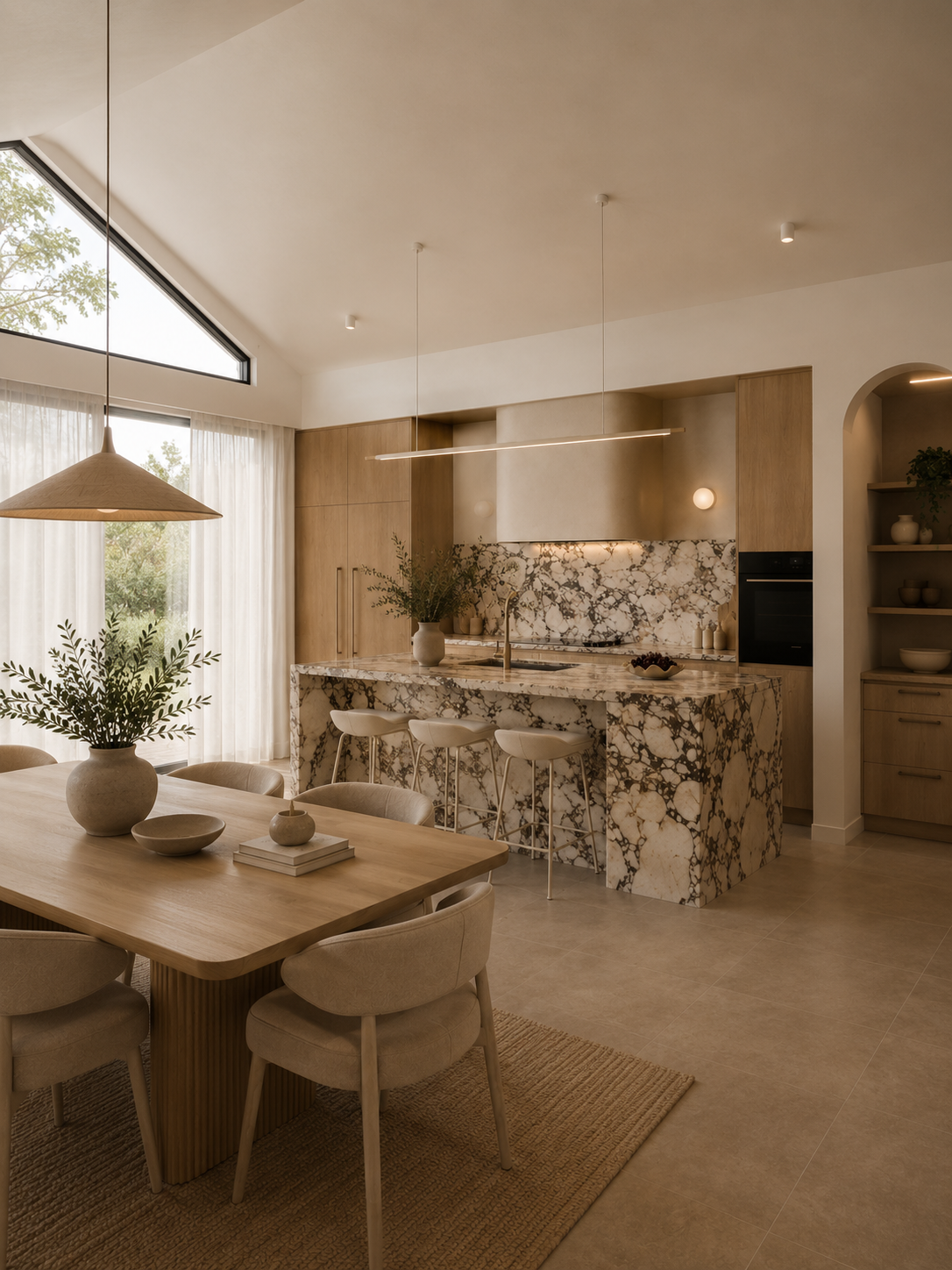 A modern kitchen with a marble island, wooden cabinets, and a dining table with beige upholstered chairs. Large windows with sheer curtains allow natural light, and potted plants add a touch of greenery.