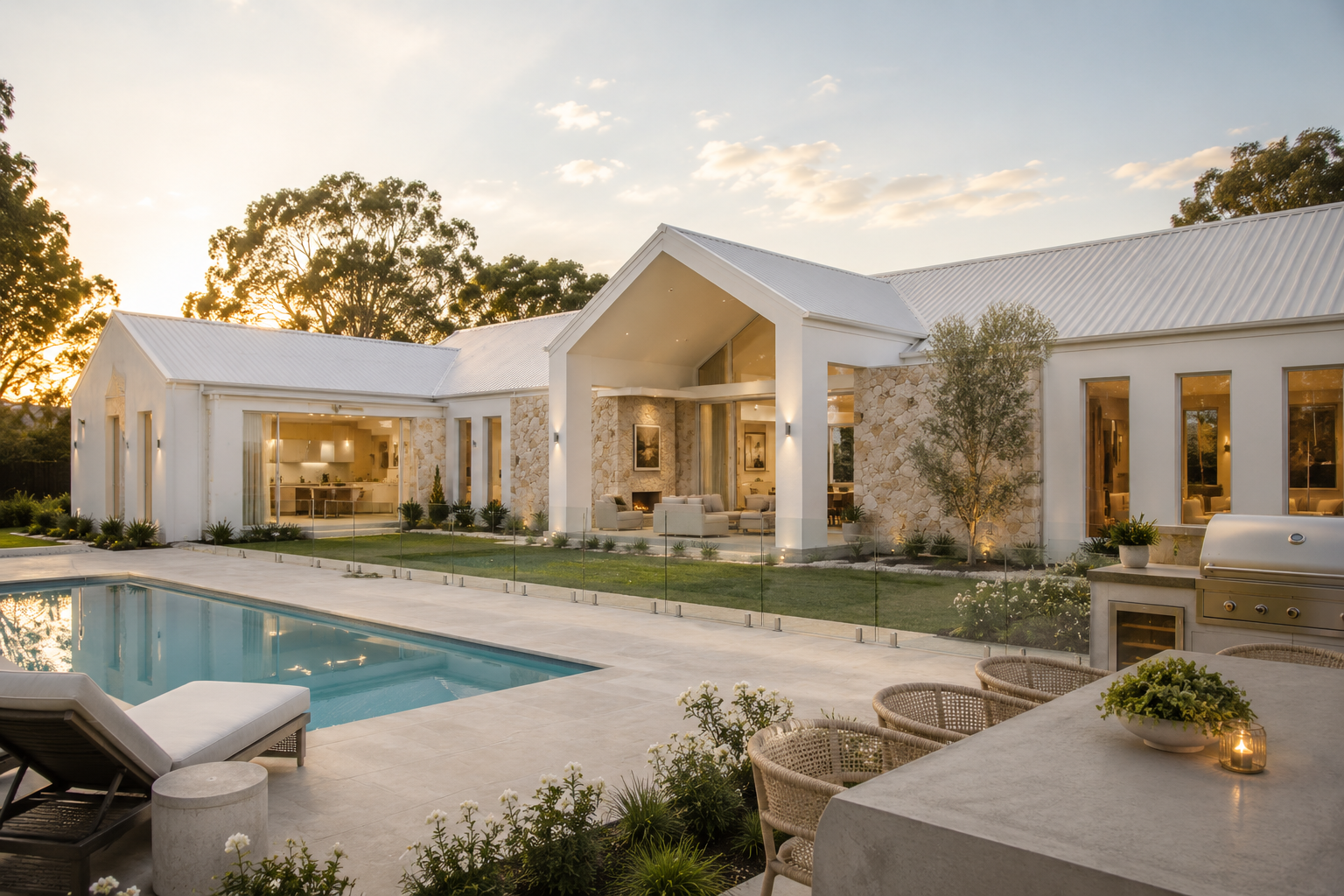 Luxury modern house with a pool and an outdoor lounge area during sunset.