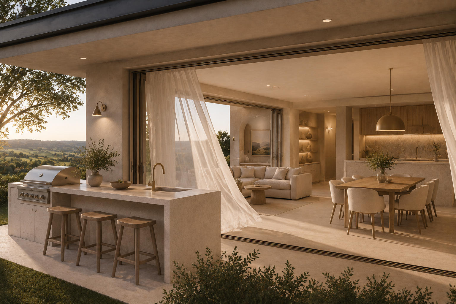 Open-concept modern home with an outdoor kitchen, sitting area, and dining space, overlooking a scenic landscape at sunset.