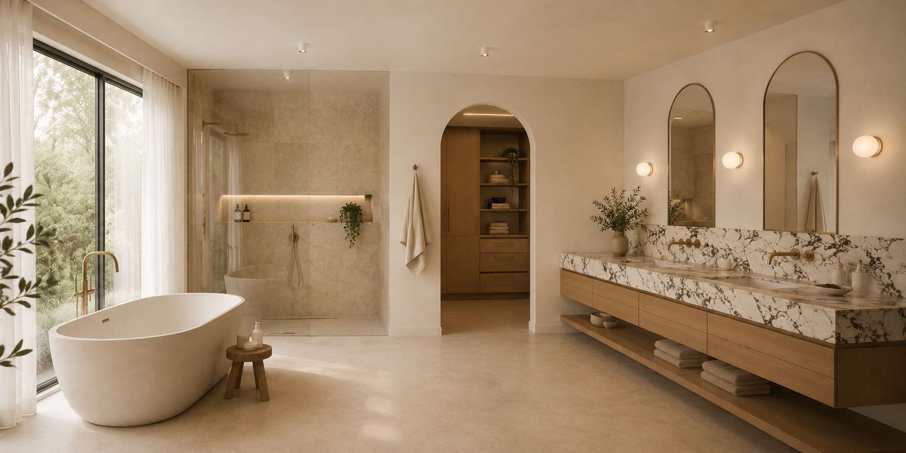 Modern bathroom with a freestanding bathtub, walk-in shower, double vanity with marble counters, and large window with curtains, decorated with greenery and warm lighting.