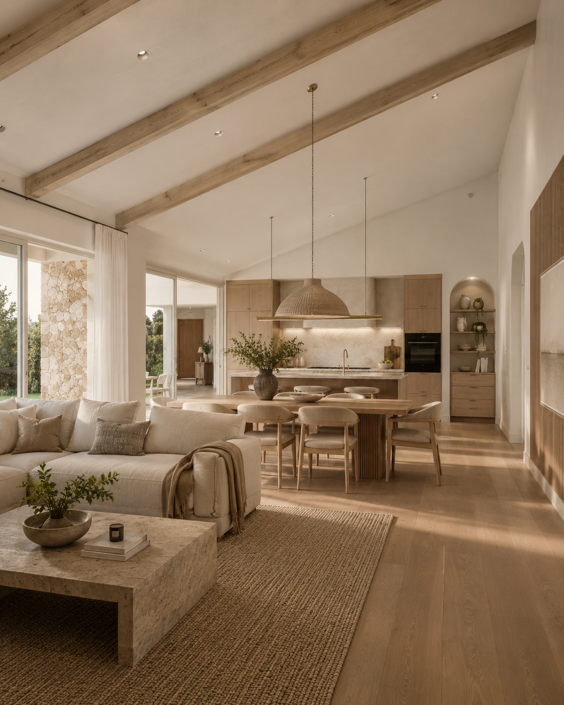 Open-concept living and dining area with neutral tones, wooden beams on ceiling, large windows, a white sectional sofa, marble coffee table, dining table with chairs, and a modern kitchen in the background with built-in appliances and open shelving.