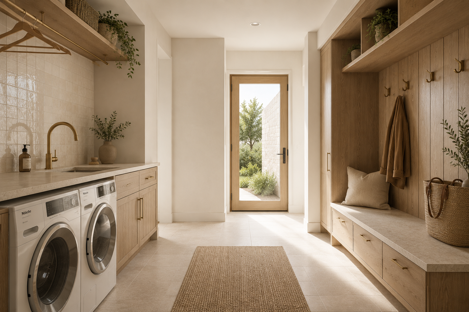 Bright laundry room with wooden cabinetry, a front door with glass panels, a beige shag rug, and plants, creating a cozy and natural atmosphere.