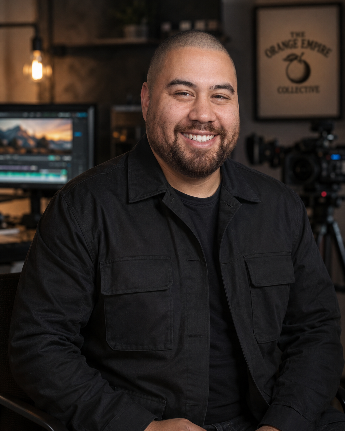 A smiling man with a beard and short hair wearing a black jacket, sitting in a professional workspace with a video camera and monitor in the background.