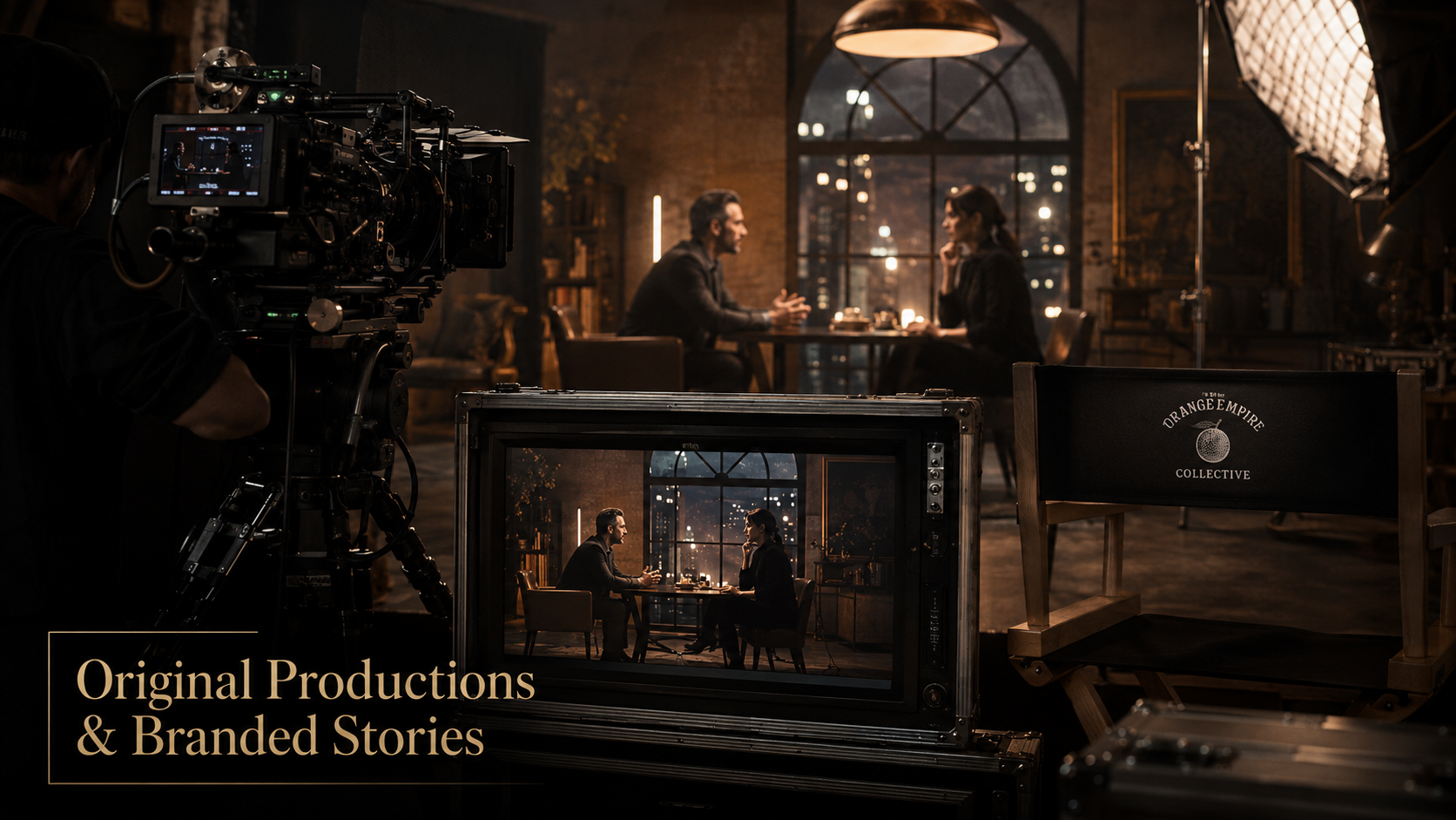 A scene from a film or TV production showing a man and woman seated at a table, engaged in conversation, with professional lighting and camera equipment capturing the scene in a dimly lit room with a large window and city lights in the background.
