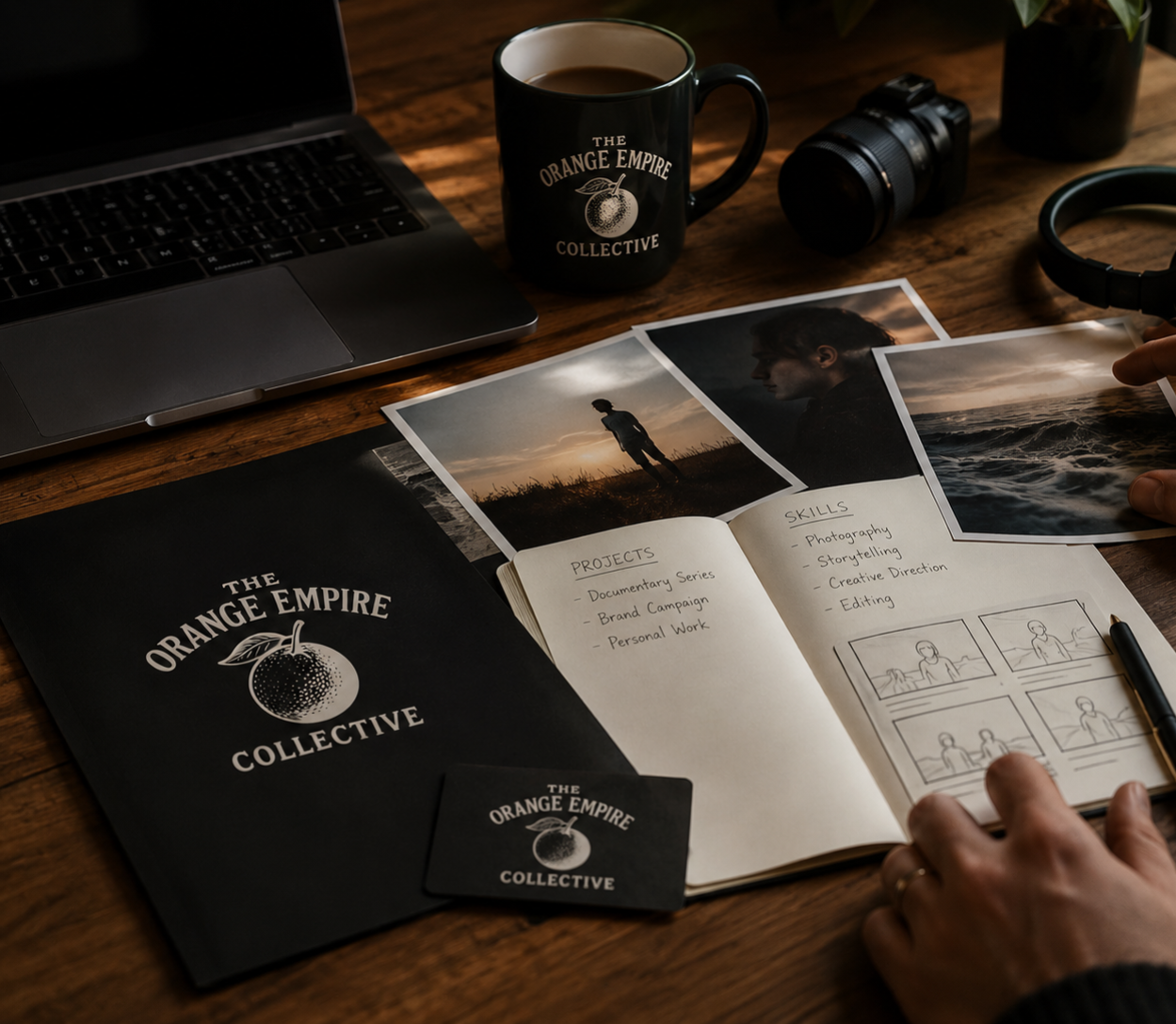 A workspace with a laptop, black mug with the words 'The Orange Empire Collective' and a graphic of an orange, a camera, headphones, photographs, a notebook with project and skill lists, and a hand holding a storyboard sketch, all on a wooden table.