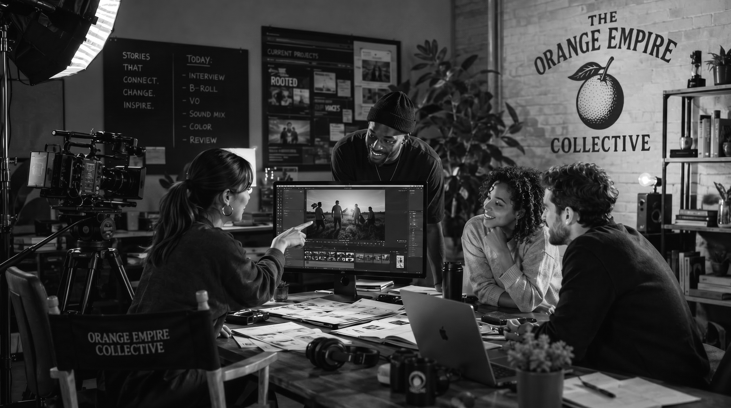 A black and white photo of a film or video production team working around a computer monitor displaying a picture of four people in a field. Four individuals are engaged in conversation, with one person pointing at the screen. A camera is set up on a tripod on the left, and a large light is directed toward the group. The background features a white brick wall with a logo reading 'The Orange Empire Collective' and some posters and plants.