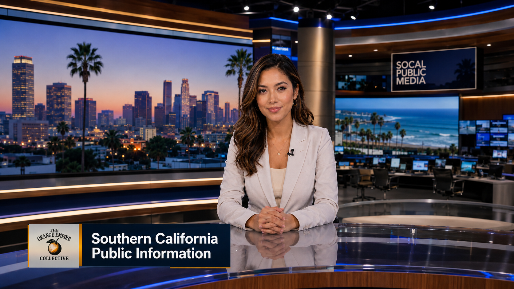 A news anchorwoman sitting at a news desk with a backdrop of the Los Angeles skyline and the ocean, and a sign reading 'SOCAL PUBLIC MEDIA'.