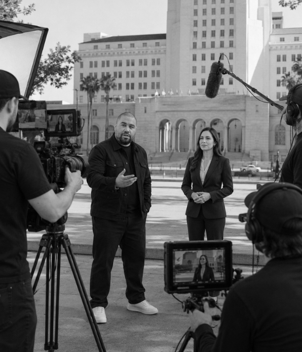 Two people are standing and speaking on a video recording set outdoors in front of a large building. Crew members are filming and recording them with cameras and microphones.