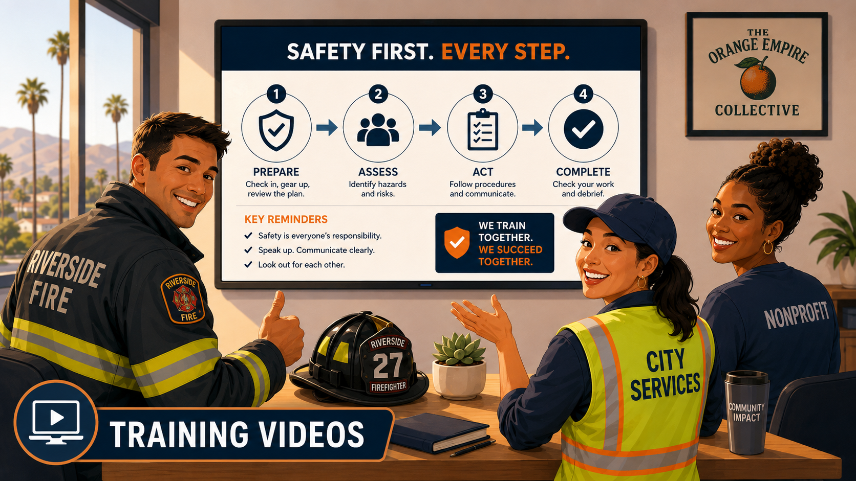 Three diverse emergency responders, including a firefighter, a city services worker, and a nonprofit staff member, sit at a table in a training session. They are reviewing safety procedures on a large screen that outlines four steps: prepare, assess, act, and complete, emphasizing safety responsibility, hazard identification, communication, and verification. The room has large windows with a view of palm trees and distant mountains, and a framed poster on the wall reads 'The Orange Empire Collective.'