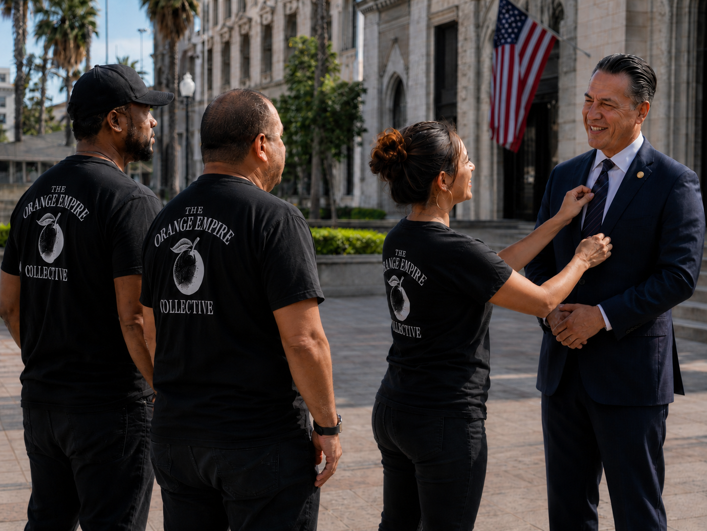 Four people standing outside in front of an old building with an American flag, engaged in a conversation. Two are wearing black T-shirts with "The Orange Empire Collective" logo, one woman is adjusting a man's suit, and another man, wearing a suit and tie, is smiling.